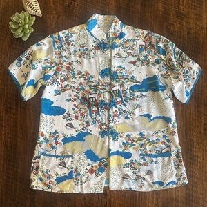 Vintage Japanese Print Top with Mandarin Collar and Frog Closures, Size M